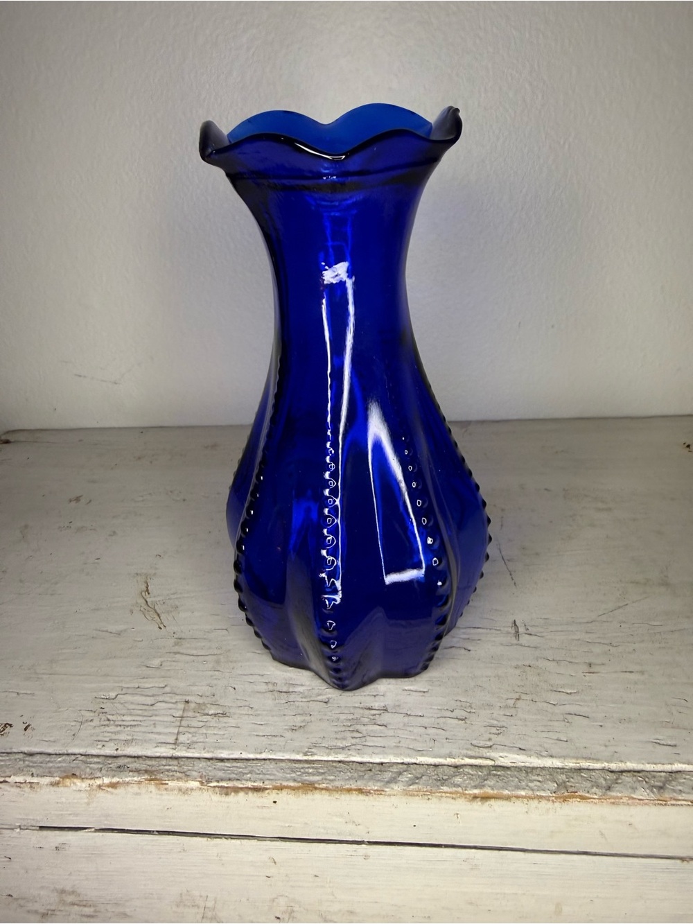 Vintage Indiana Glass Cobalt Blue Beaded Rib Vase Ruffle Rim Edge USA 7"x3.5"
